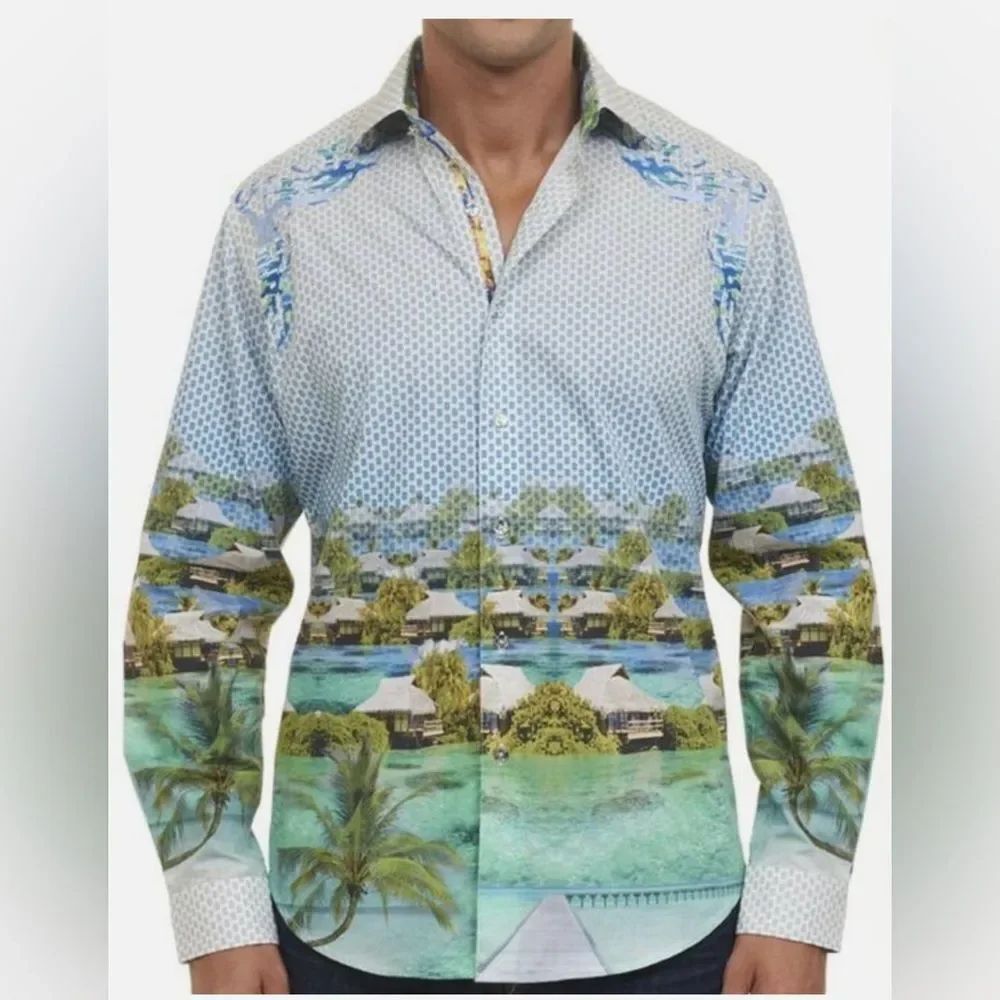 Robert Graham Blue & Green Tropical Resort Print Button-Down Shirt, S